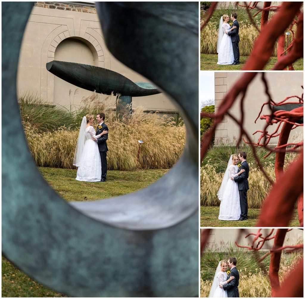 Bride and groom portraits through unique sculptures at the Michener Museum