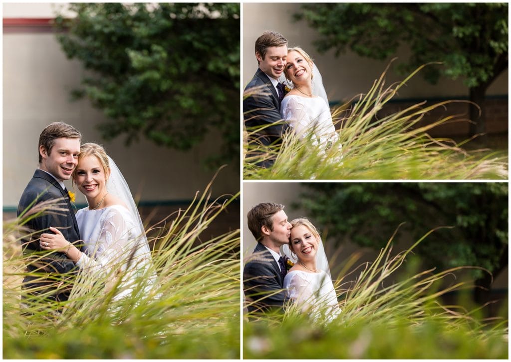 Bride and groom portraits through leaves in Michener Museum garden