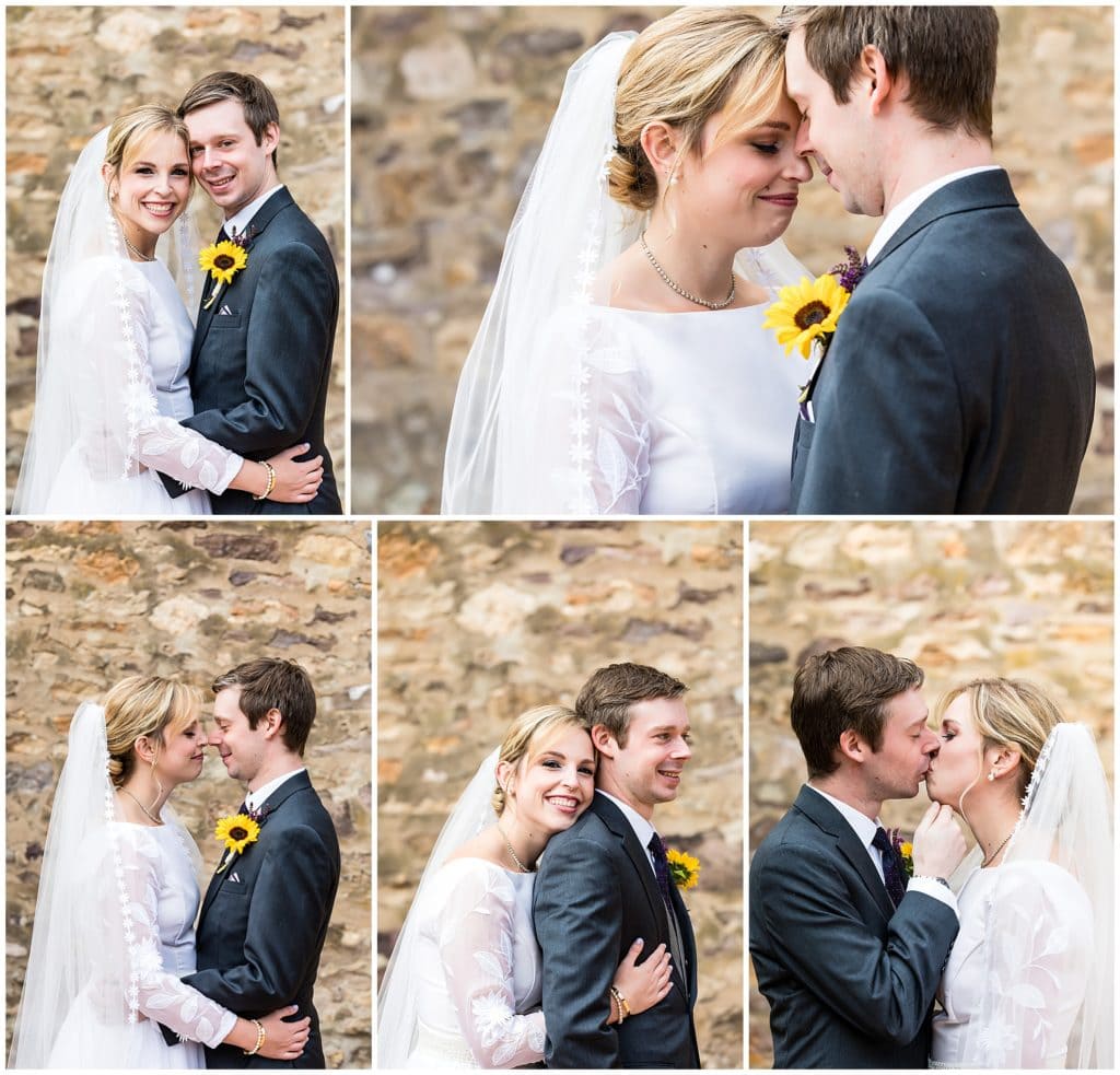 Traditional bride and groom portraits with bride hugging and kissing groom