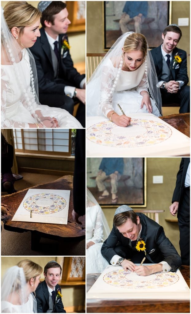Jewish wedding ceremony with Ketubah signing in intimate Michener Museum wooden room