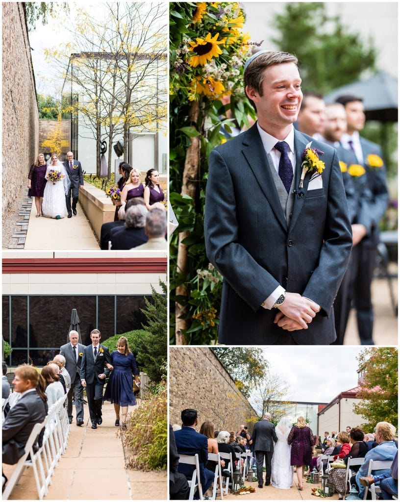 Jewish wedding ceremony at the Michener Museum, groom watching the bride and her parents walking down the aisle