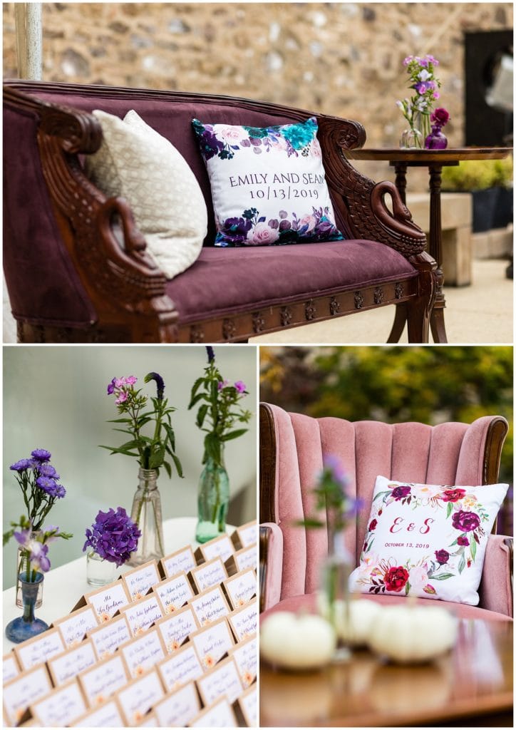Michener Museum wedding reception details with purple and pink decor, custom name pillows, and name cards