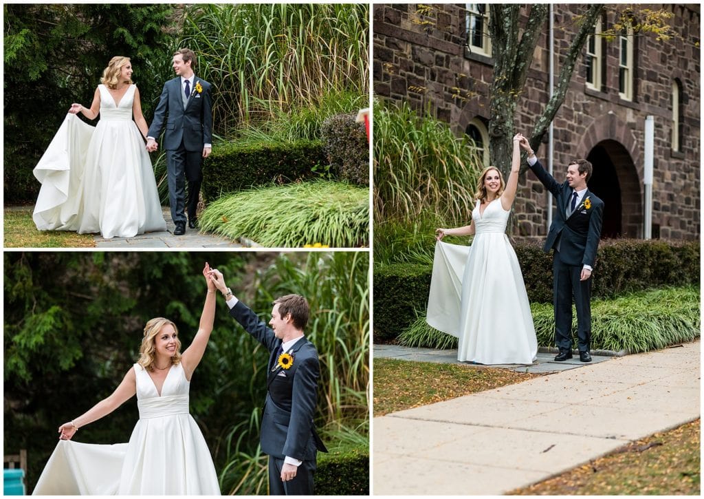 Groom spins and admires bride in her dress outside in gardens at the Michener Museum