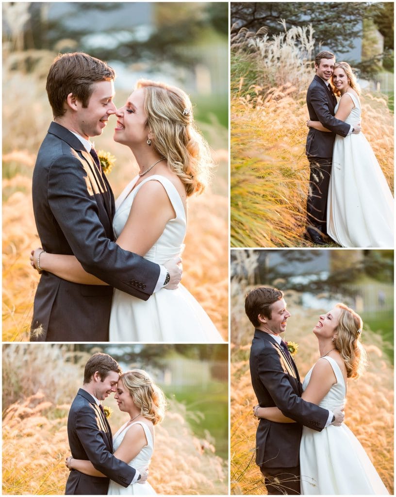 Bride and groom during golden hour touching noses and laughing with each other in gardens at the Michener Museum