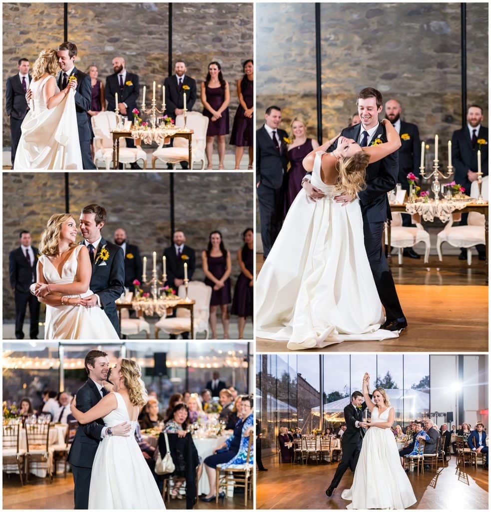Groom dips and spins bride during first dance at Michener Museum wedding reception