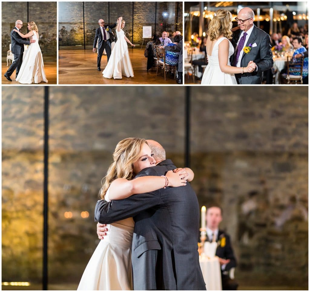 Father of the bride dances with his daughter during parent dances at Michener Museum wedding