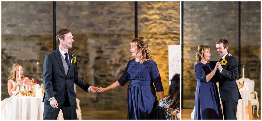 Mother of the groom dances with her son during parent dances at Michener Museum wedding reception