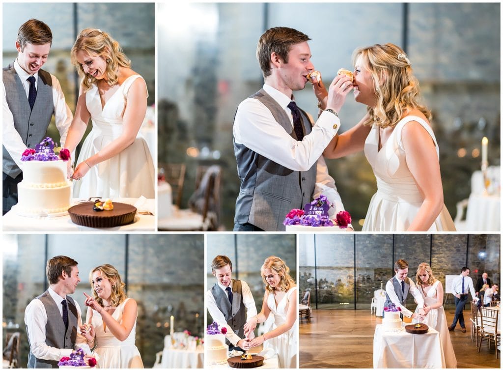 Bride and groom cutting cake and pie and smashing it in each others faces during wedding reception at the Michener Museum