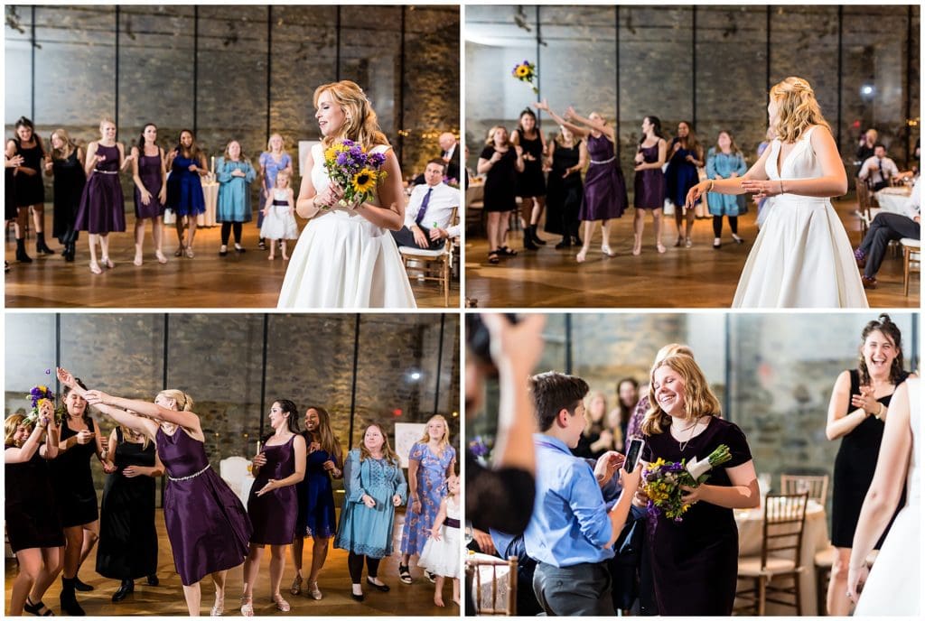Bride does bouquet toss at Michener Museum wedding reception