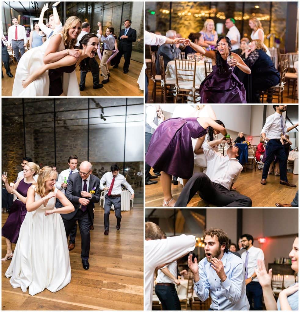 Bride and guests having fun, drinking, and dancing on the dance floor during wedding reception at the Michener Museum
