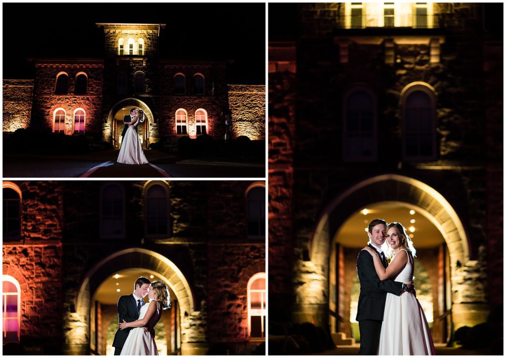 Bride and groom night portraits with colored lights outside tunnel of Michener Museum