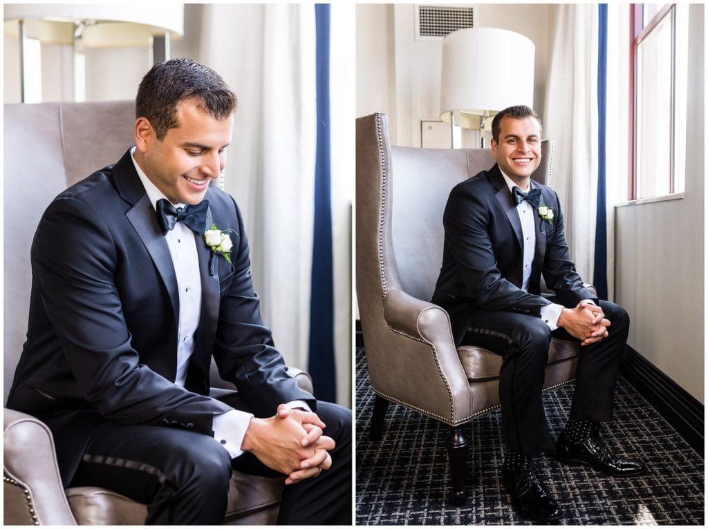 Traditional window lit groom portrait getting ready at the Notary Hotel