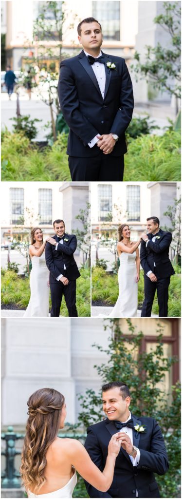 First look at Philadelphia City Hall, Bride tapping groom on shoulder during first look