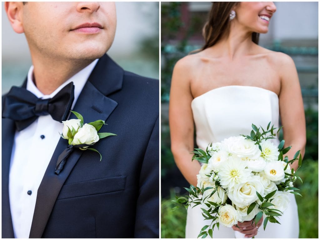 Wedding floral details of white bridal bouquet and grooms boutonniere