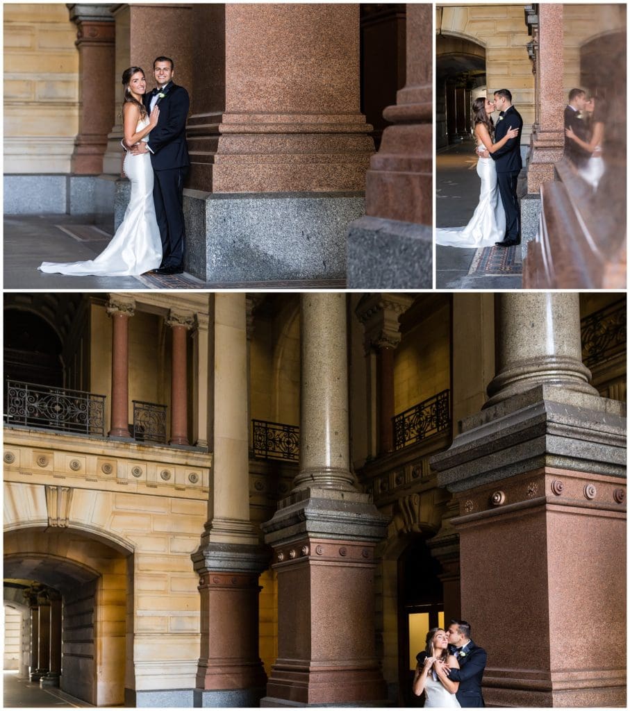 Philadelphia City Hall bride and groom wedding portraits with reflection in marble