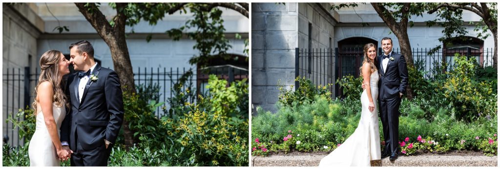 Bride and groom laughing portrait in gardens of Philadelphia City Hall