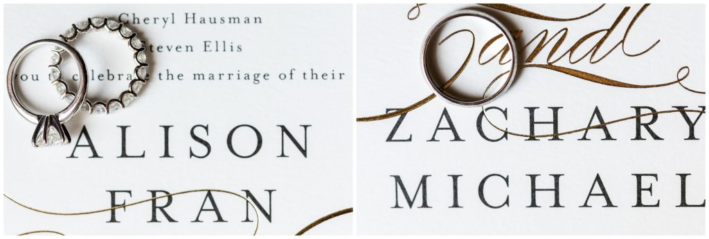 Wedding invitation with wedding bands next to bride and grooms names