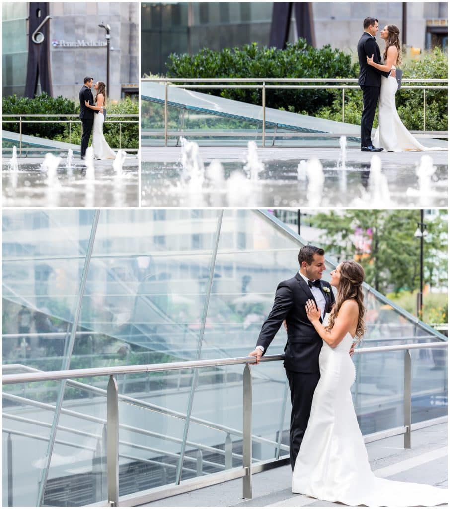Philadelphia City Hall bride and groom wedding portraits through rising water fountains