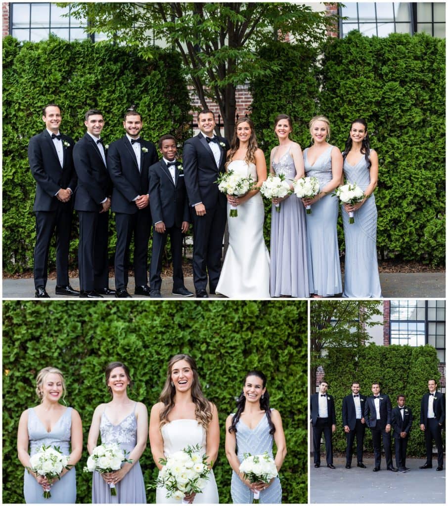 Wedding party portraits with bridesmaids and groomsman laughing