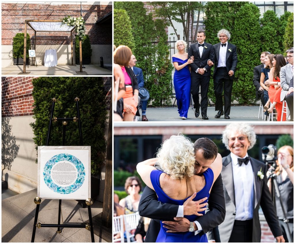 Jewish wedding ceremony with Ketubah, chuppah, and groom with his parents walking him down the aisle