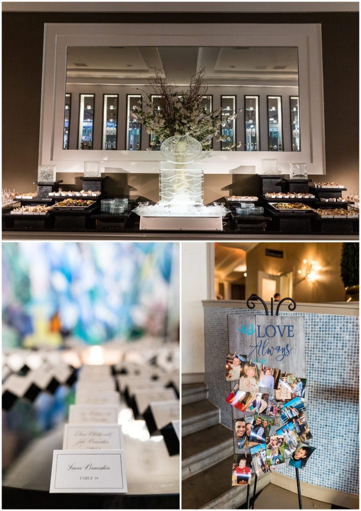 Vie wedding reception details with welcome sign with couples photos, name place cards, and appetizer station
