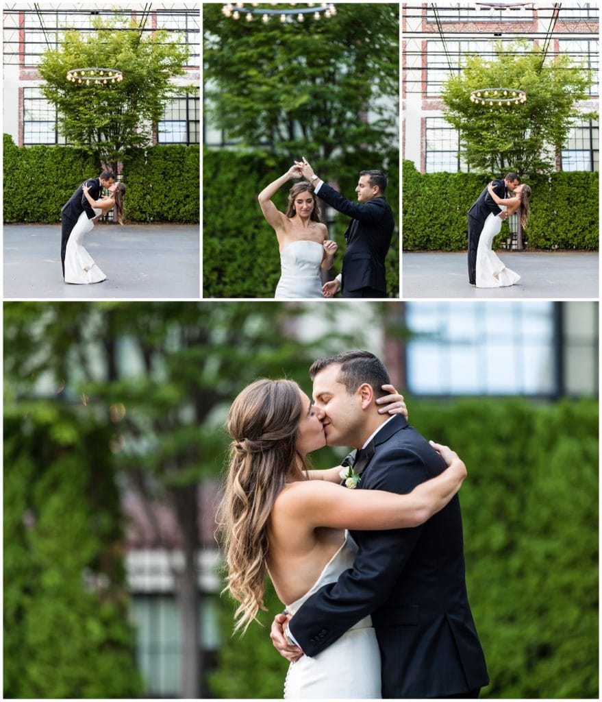 Bride and groom dip, dance, and spin in Vie outdoor courtyard space