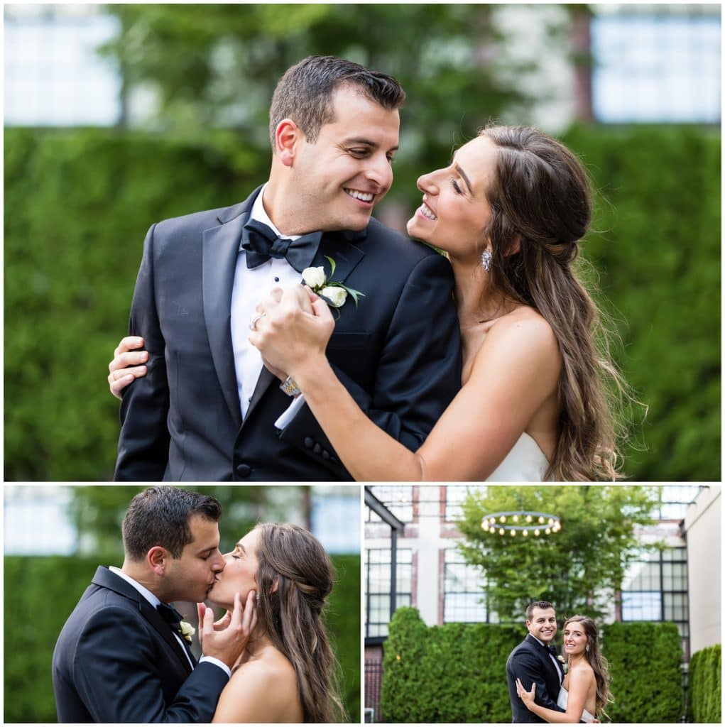 Bride and groom portraits with sweet smiles and kisses