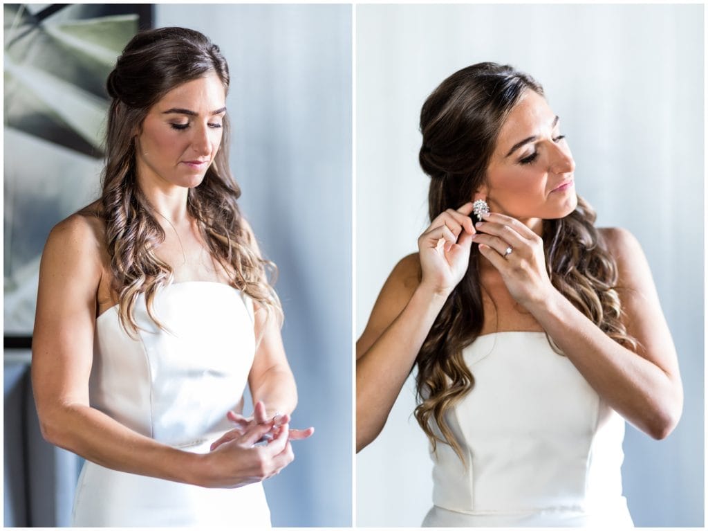 Window lit bridal portrait, bride putting on earrings and engagement ring, bride getting ready at Notary Hotel