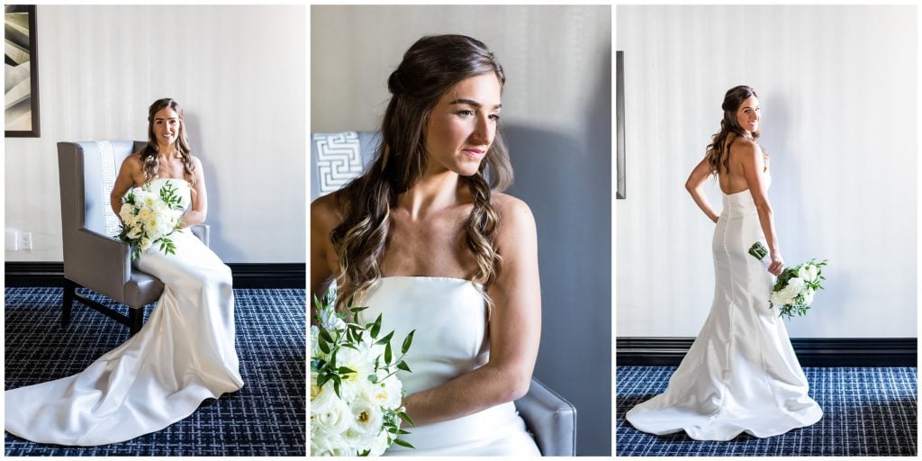 Traditional bridal portrait, bride sitting with white bridal bouquet, bridal portraits at Notary Hotel