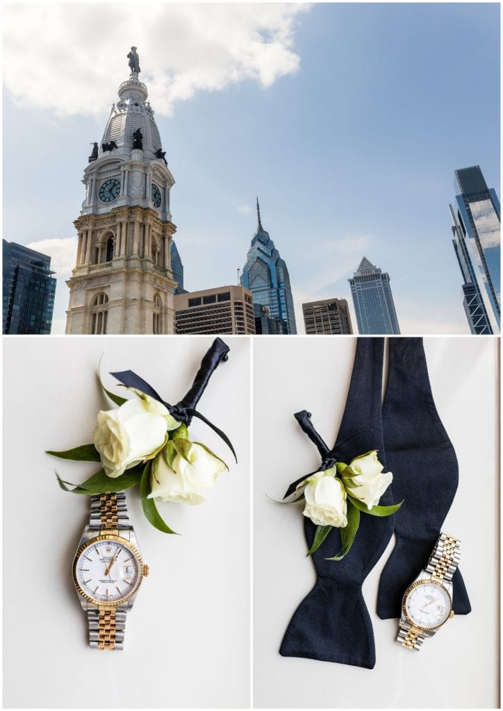 Groom getting ready details with watch, bowtie, and boutonniere