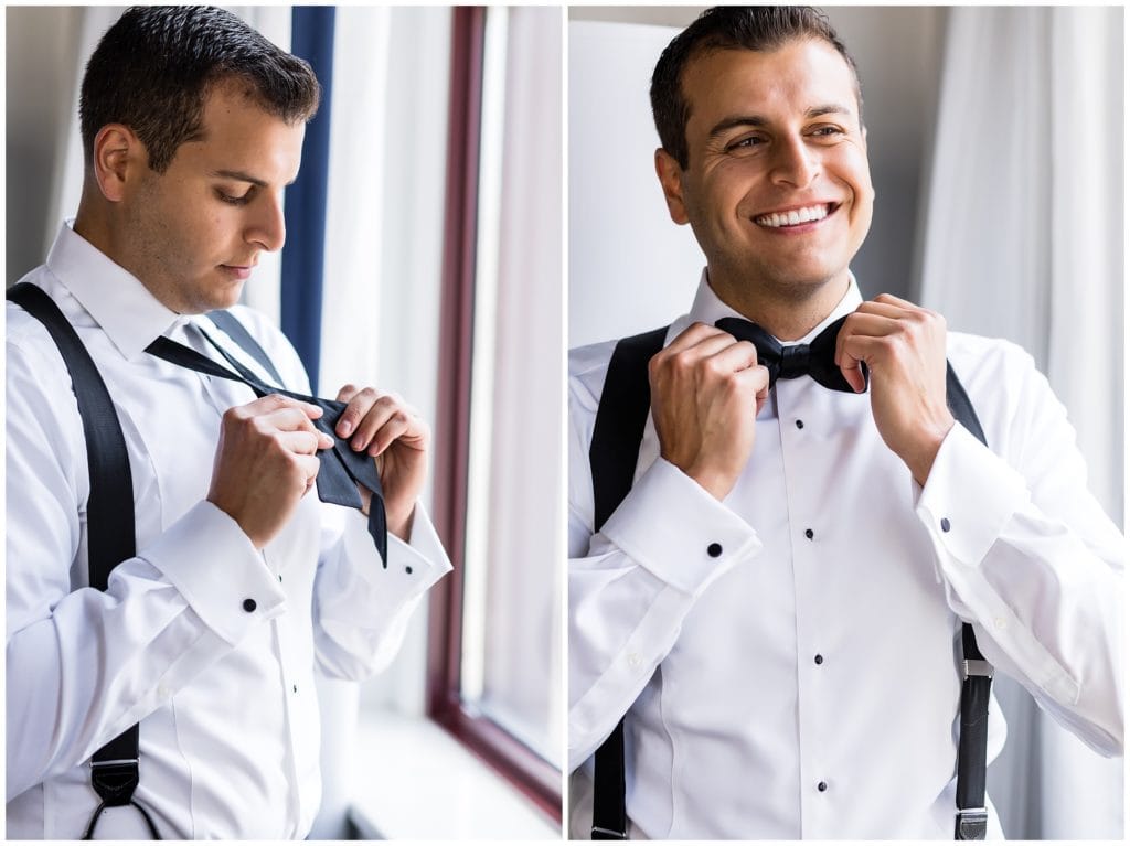 Window lit groom portrait, groom tying bowtie, getting ready at the Notary Hotel