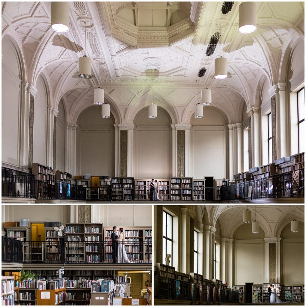 dramatic couples portraits in the Free Library at Philadelphia - best Philadelphia wedding venues