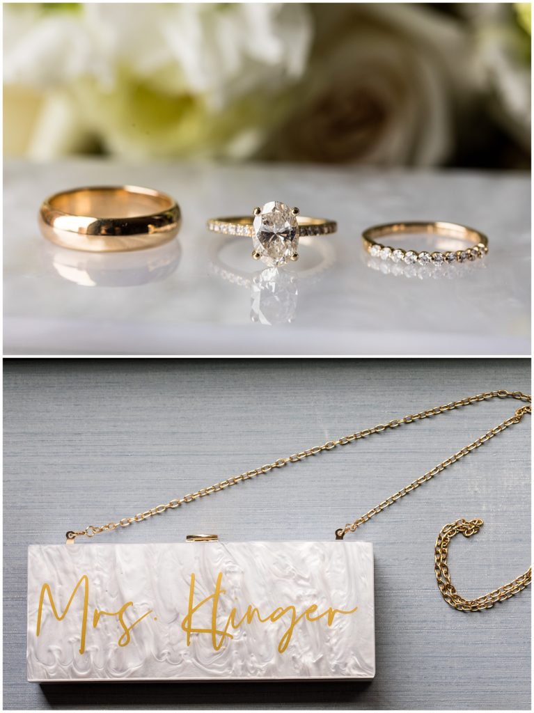 Gold wedding bands and engagement ring with custom mrs. purse