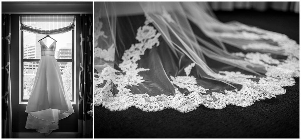 Black and white collage of silk wedding gown with long lace veil