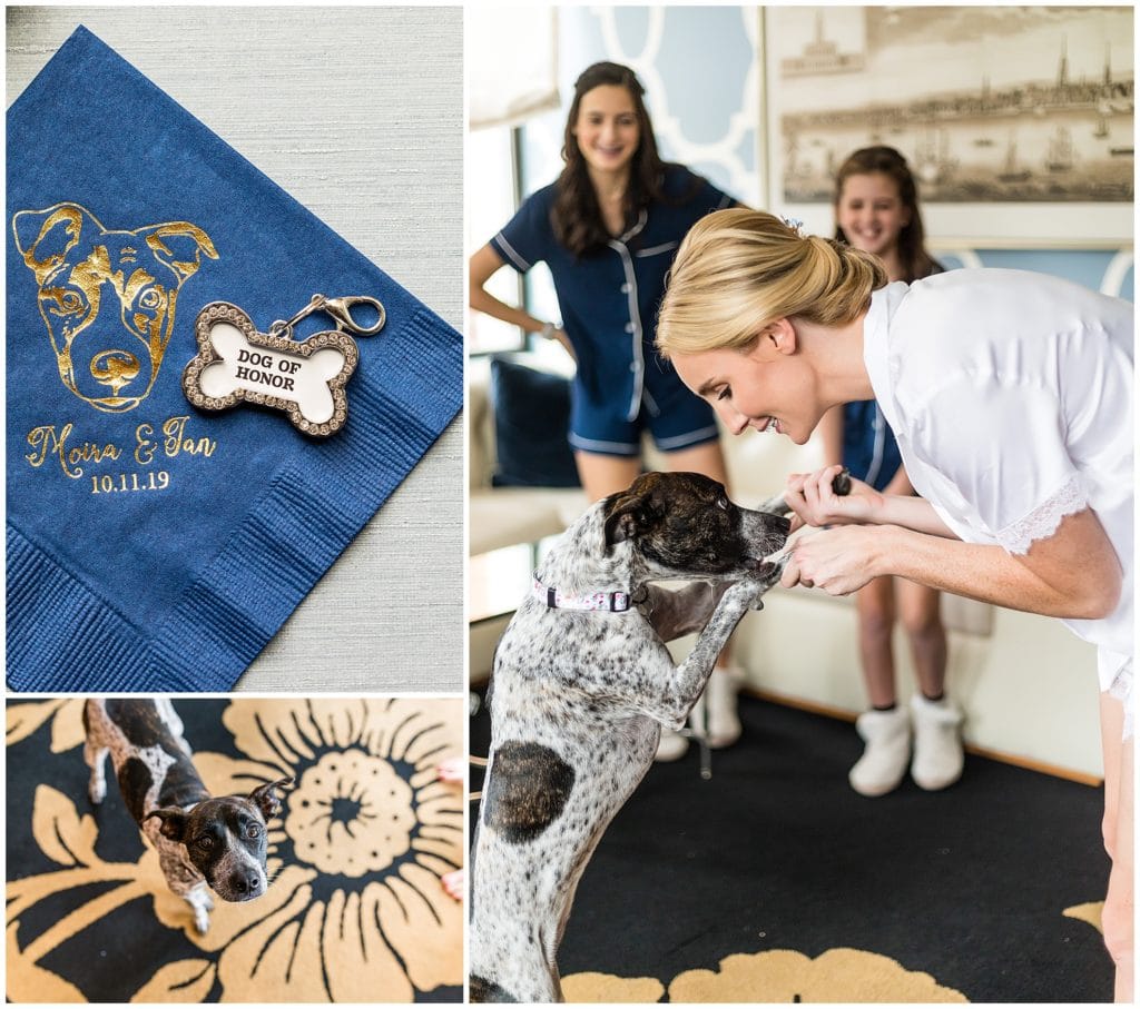 "Dog of Honor" dog tag, custom cocktail napkin with bride and grooms name, date, and dog, bride dancing with her dog while getting ready