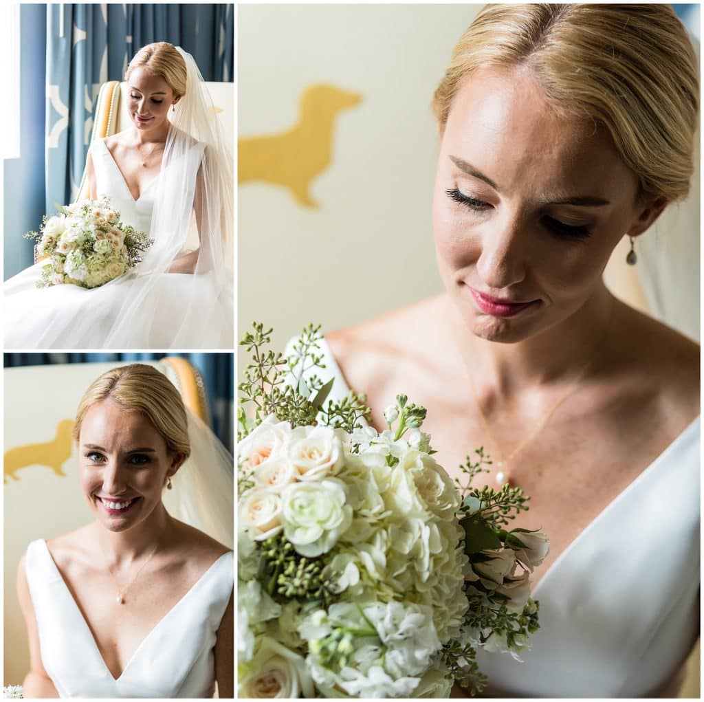 Traditional window lit bridal portraits with florals