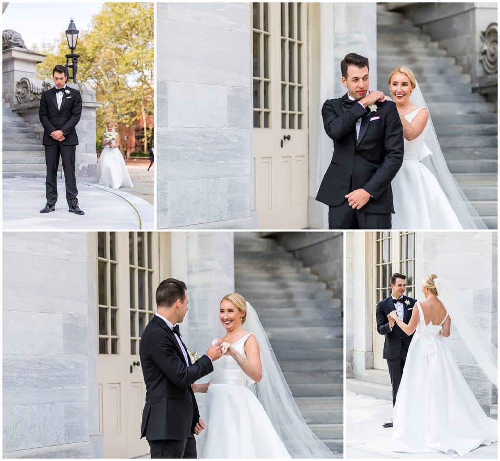 Groom waiting for bride and turning around to see bride for first time during first look at Merchant Exchange Building