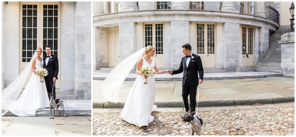 Bride and groom walking with their dog at Merchant Exchange Building before wedding