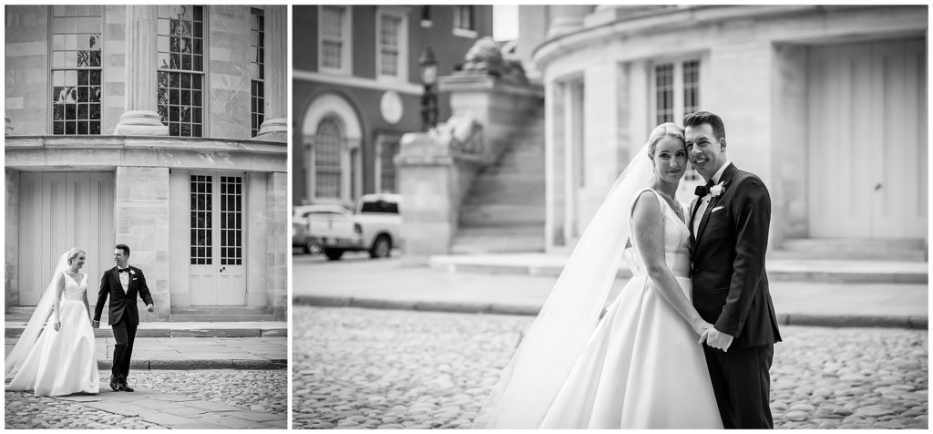 Black and white traditional bride and groom portraits at the Merchant Exchange Building