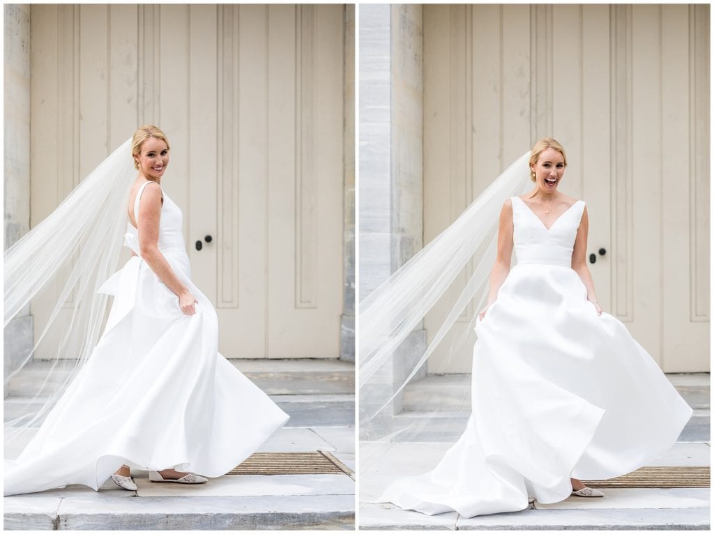 Bride dancing and showing off her silk ballgown wedding dress at Merchant Exchange Building