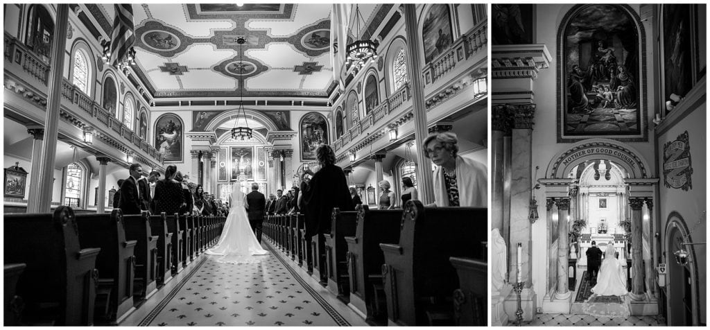 Black and white wedding portraits, bride walking down the aisle with her father, bride and groom praying during wedding ceremony at St. Augustine Church Philadelphia