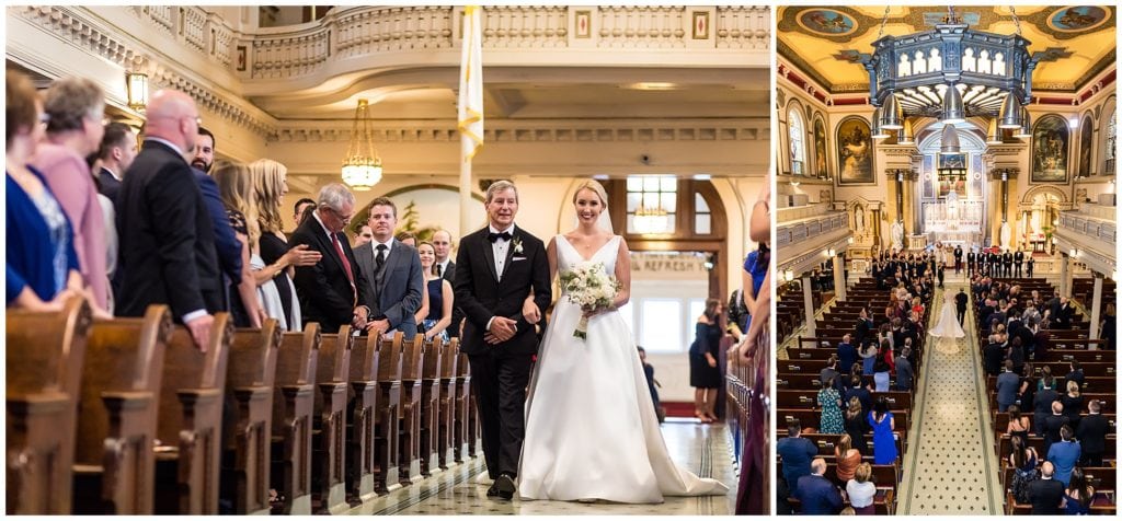 Bride walking down the aisle with her father with Birdseye view in St. Augustine. Church in Philadelphia