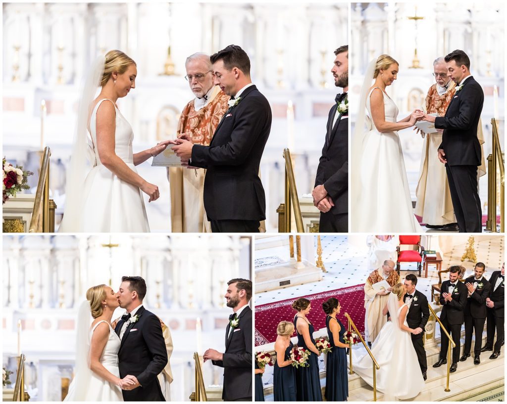 Bride and groom exchanging rings and kissing during Catholic Church ceremony at St. Augustine Philadelphia