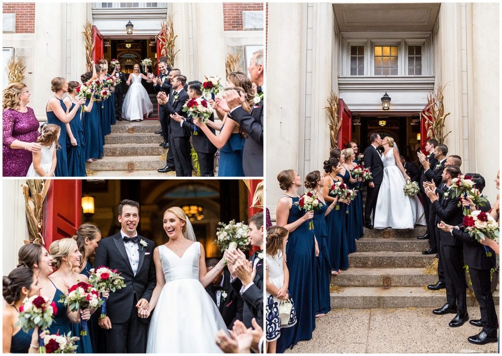 Bride and groom outside church doors at St. Augustine Philadelphia after Catholic wedding ceremony