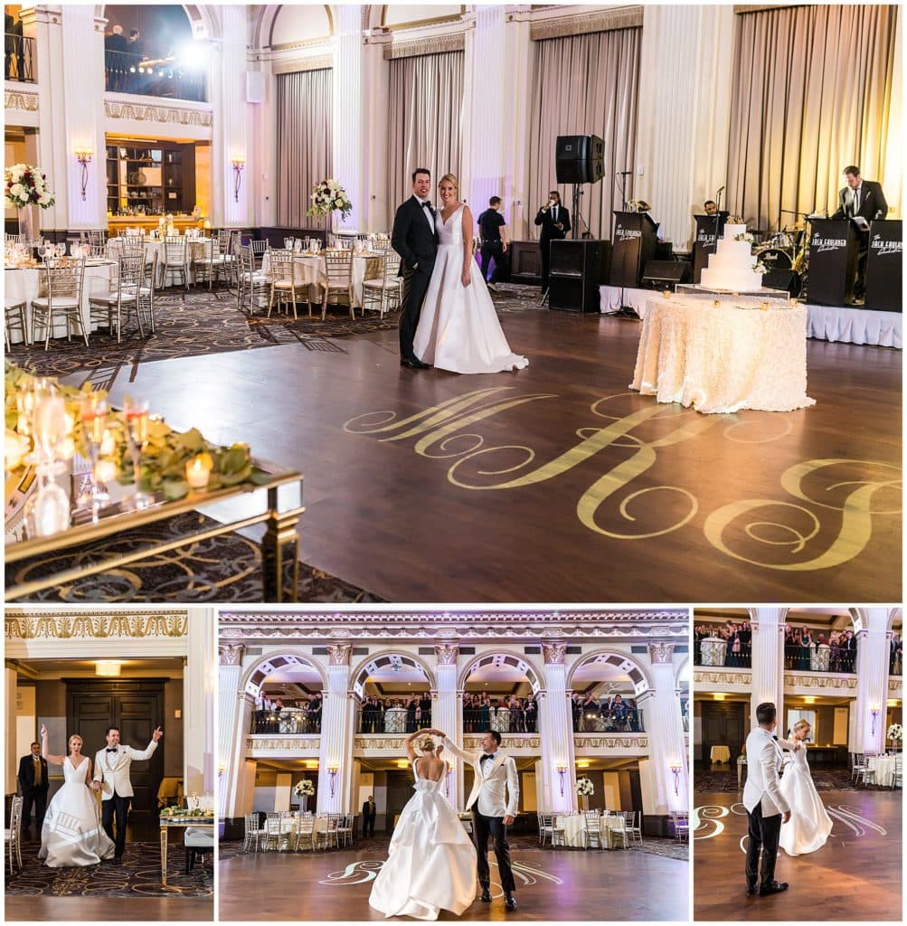 Bride and groom coordinated first dance at Ballroom at the Ben with initials on the dancefloor