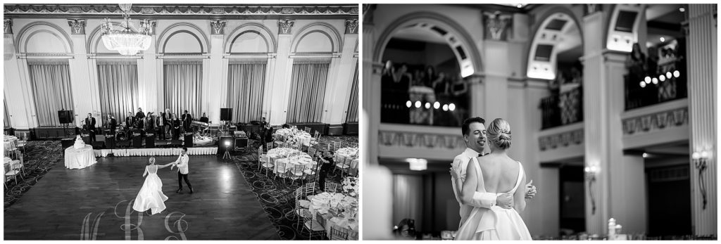 Black and white portraits, bride and groom first dance with Birdseye view at Ballroom at the Ben wedding reception