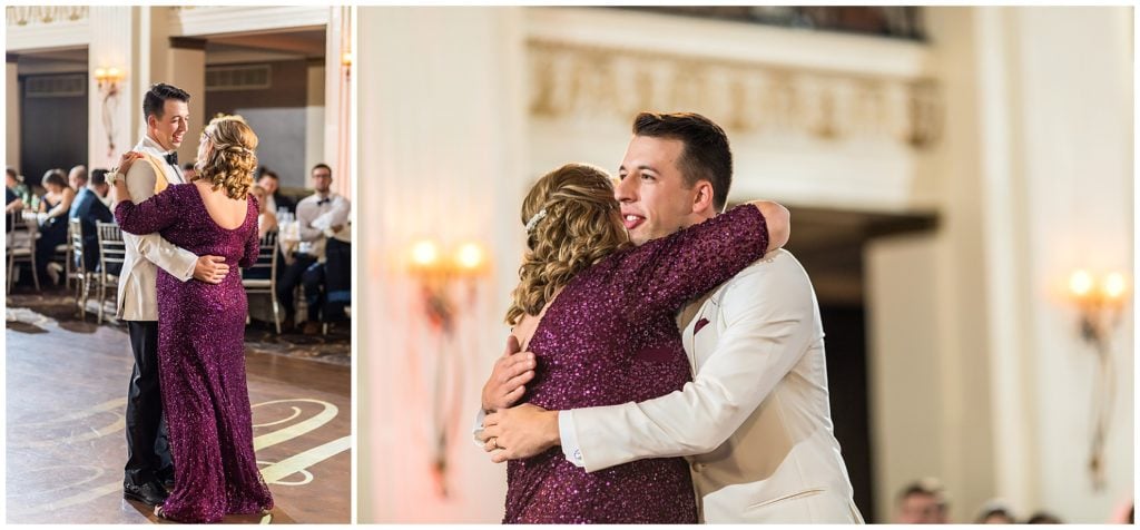 Groom hugs mother during dances at Ballroom at the Ben wedding reception