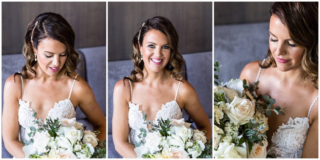 Traditional window lit bridal portraits with white and green bouquet
