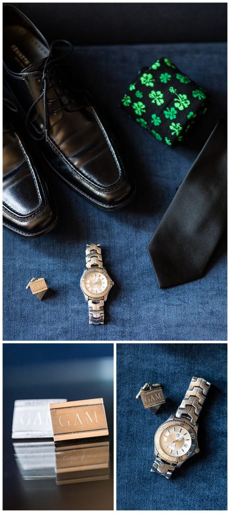 Groom wedding details with shoes, tie, shamrock socks, watching, and custom initial cufflinks