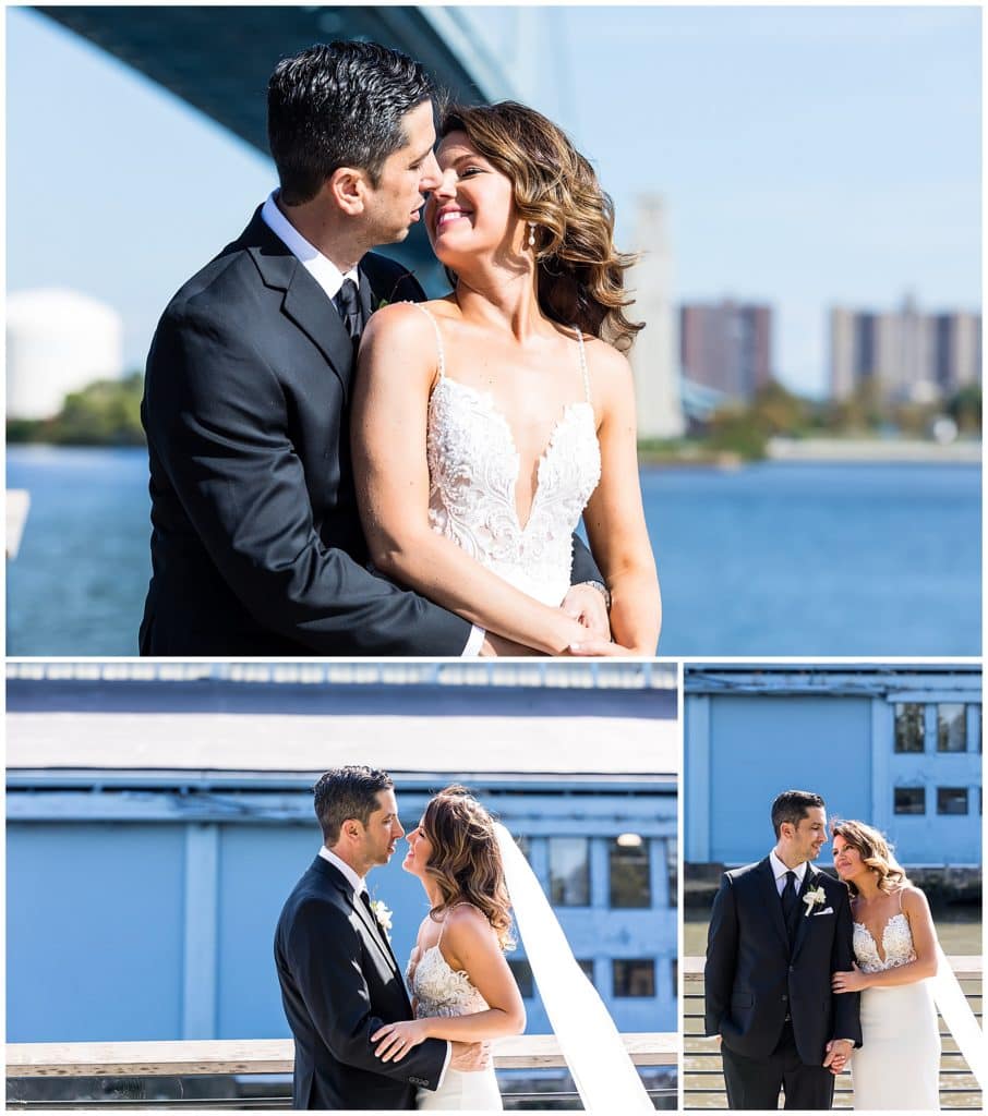 Bride and groom wedding portraits at Race Street Pier in Philadelphia